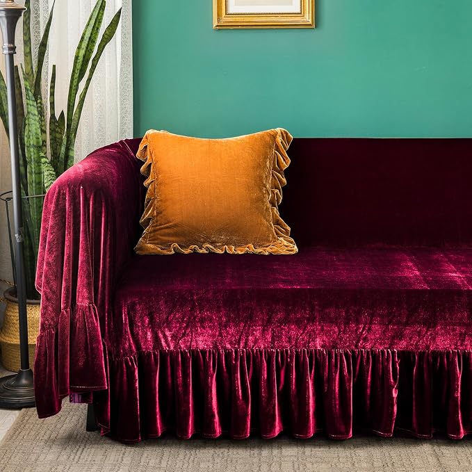 GLORY SEASON Velvet Sofa Cover Soft Decorative Luxurious Solid Exquisite Ruffle - Image 4