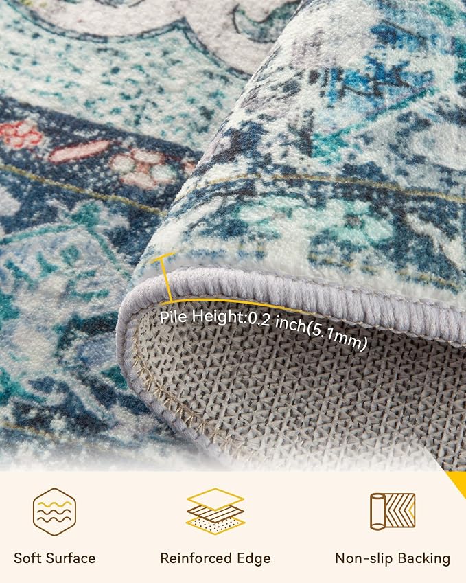 RELEANY Area Rugs Round 10ft Washable Non-Slip, Floral Vintage Distress Print - Image 4