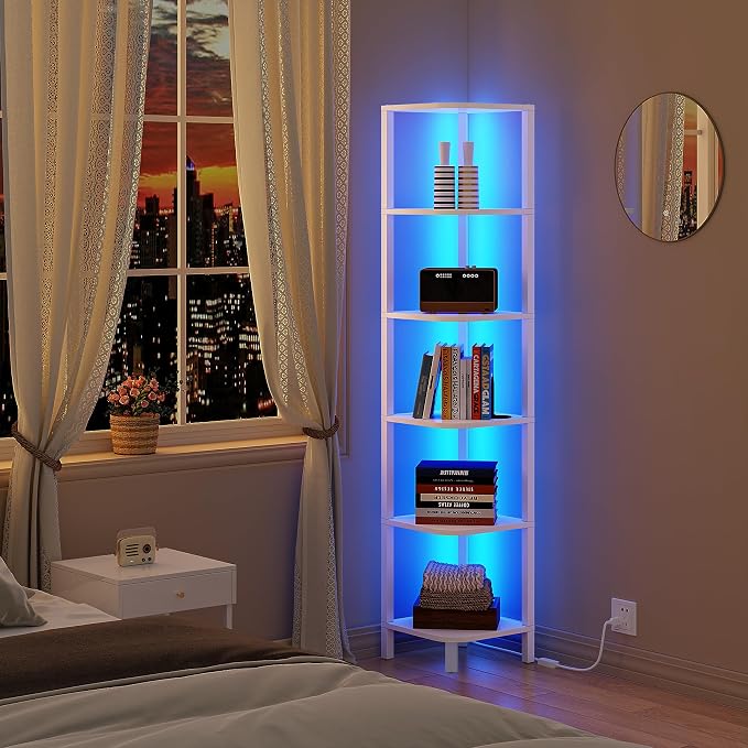 TUTOTAK Corner Shelf with LED Light, 6-Tier Corner Bookshelf - Image 6