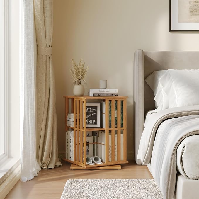 YOWOS Rotating Bookshelf Tower, 360° Display Spinning Bookcase, Bamboo - Image 6
