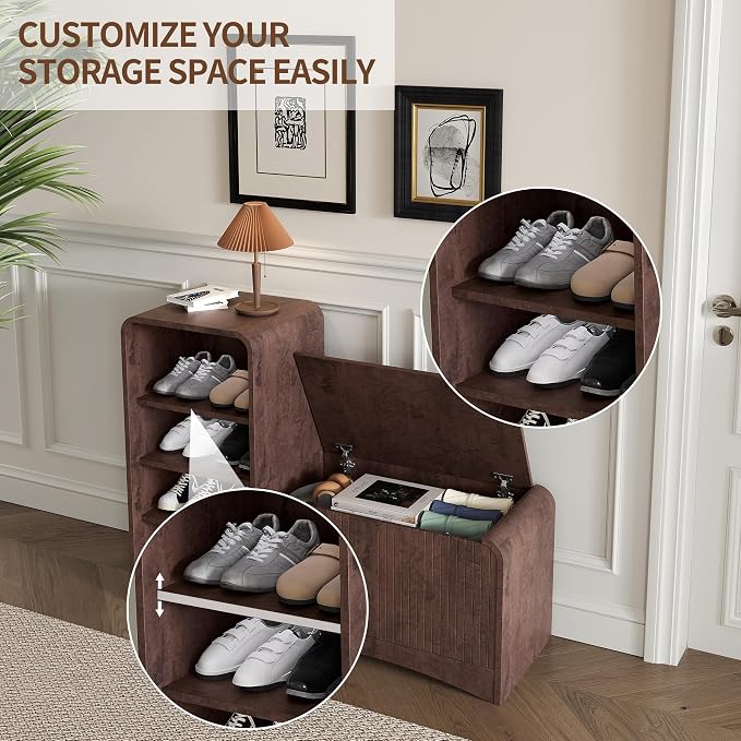 Shoe Cabinet with Bench, L-Shaped Shoe Storage Cabinet, Wood Tall Shoe Rack - Image 6