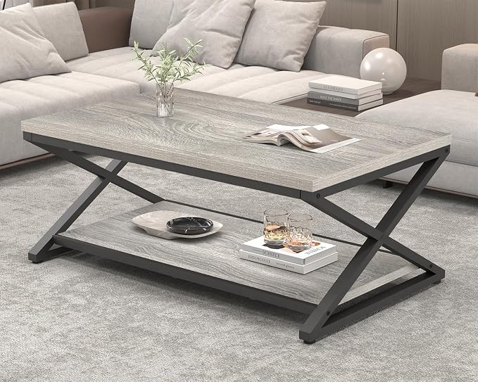 HSH Coffee Table with Storage, Farmhouse Grey Living Room Center Table - Image 9