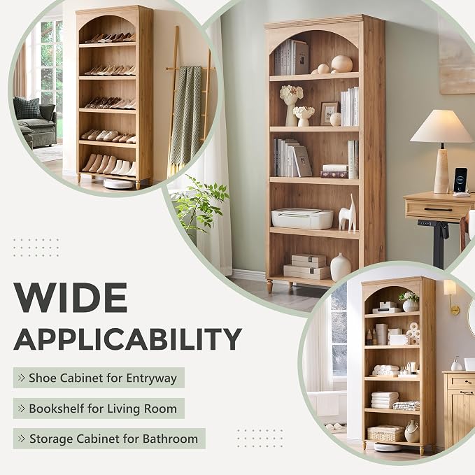IFGET 76" Tall Arched Bookcase, Farmhouse 5 Tiers Large Arched Bookshelf Cabinet - Image 4