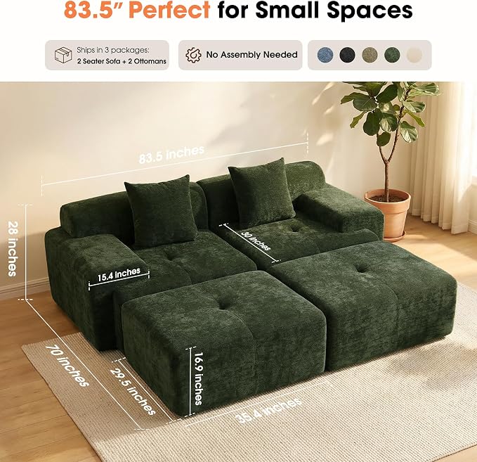 83.5" Boneless Loveseat with 2 Ottoman, Cloud Comfy Sofa Bed, Modular Sofa - Image 2