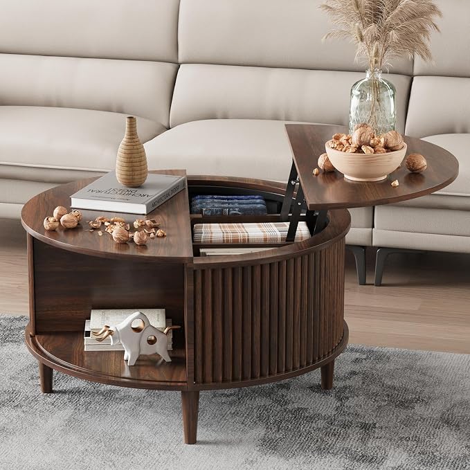 Round Coffee Table with Storage, Fluted Lift Top Coffee Table by FnelHomeFurniture