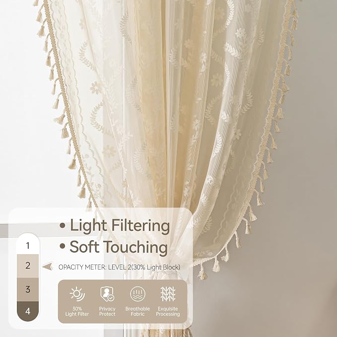 WAZZIO Boho Lace Curtains 2 Panels 90 Inches -Cute Vintage Victorian Sheer - Image 5