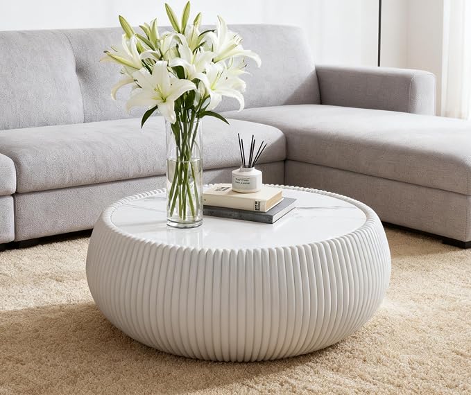 SSLine Round Drum Coffee Table Modern Sintered Stone Top Coffee Table in Cream by SSLine