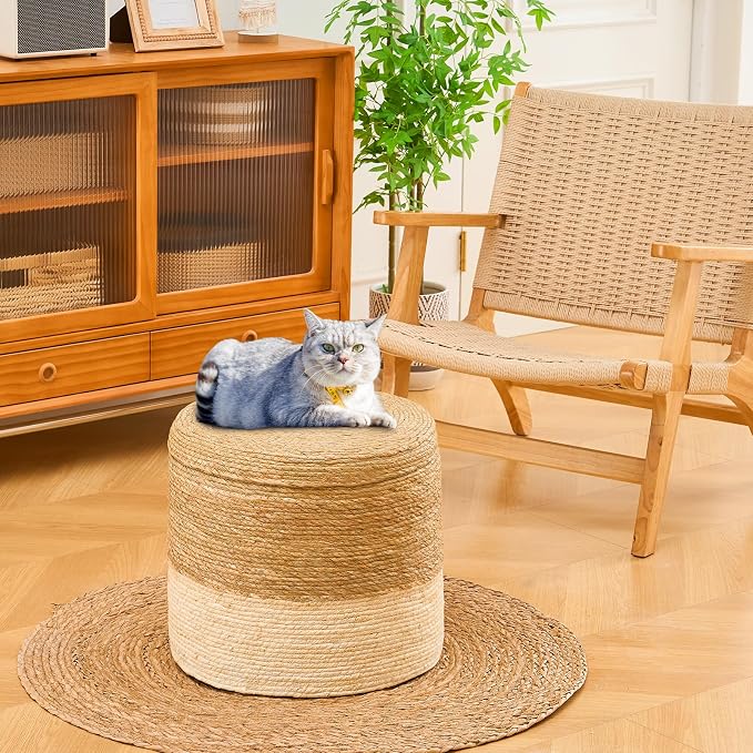 Wimarsbon Round Pouf Ottomans, Handwoven Natural Water Hyacinth Seagrass Pouffe - Image 2