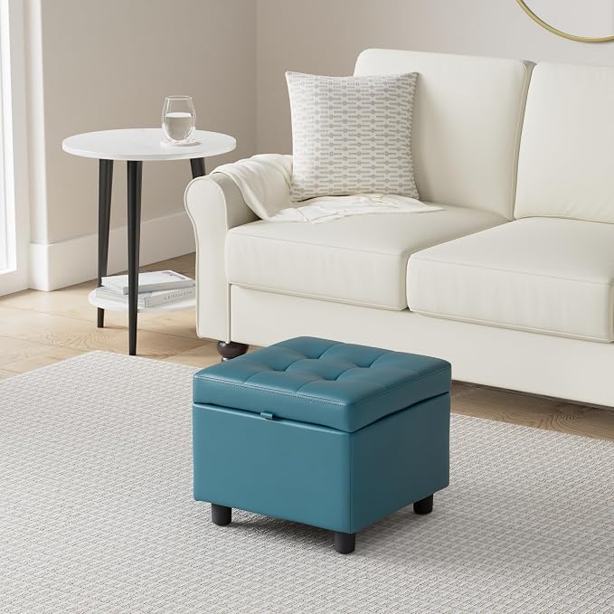 H&B Luxuries Tufted Leather Square Flip Top Storage Ottoman Cube Foot Rest - Image 2