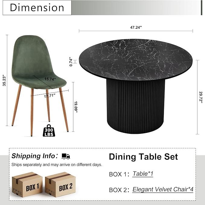 Dining Table Set for 4, Mid Century Modern 47 Inch Black Marble-Look Wooden - Image 2