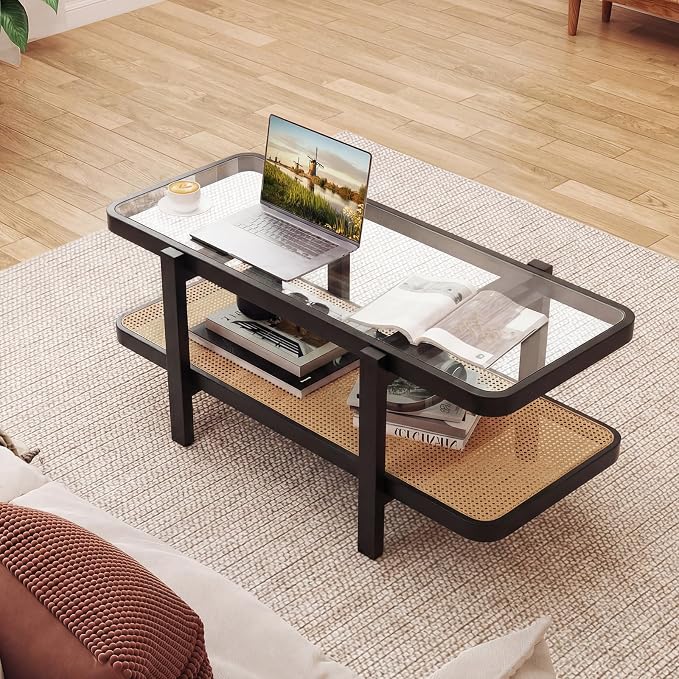 Giantex Rattan Coffee Table, 47.5" Rectangle Solid Wood Tea Table w/Tempered - Image 8