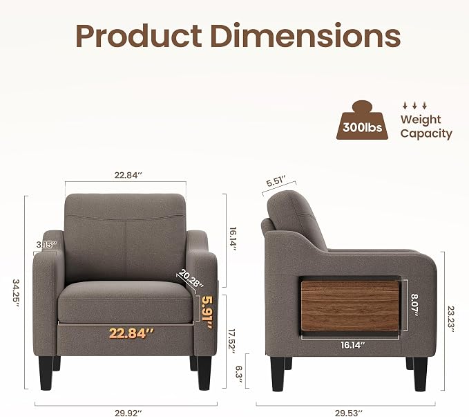 Accent Chair for Living Room Modern Linen Upholstered Armchair Side Wooden - Image 3