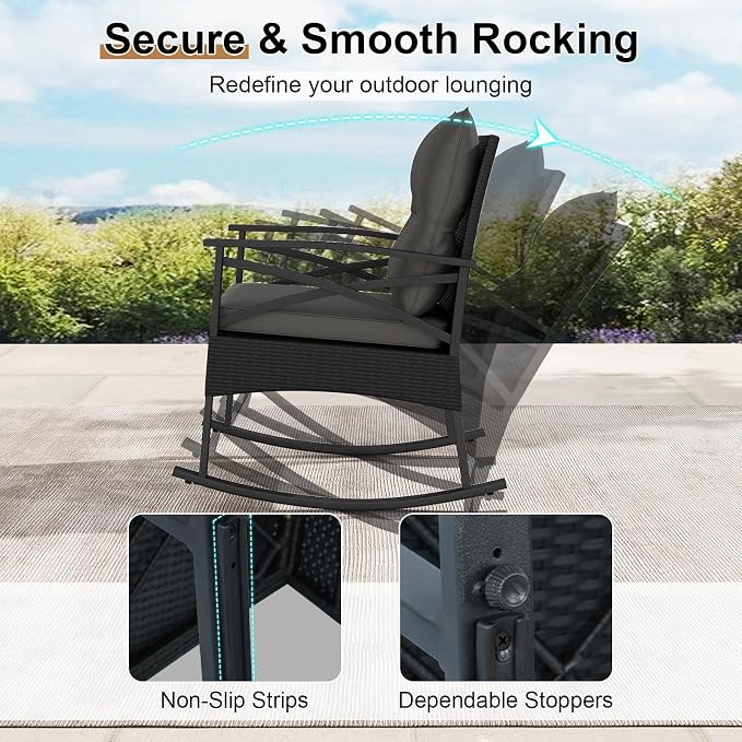Tangkula 3 Pieces Outdoor Rocking Chairs Set, Rattan Heavy Duty Cushioned - Image 4