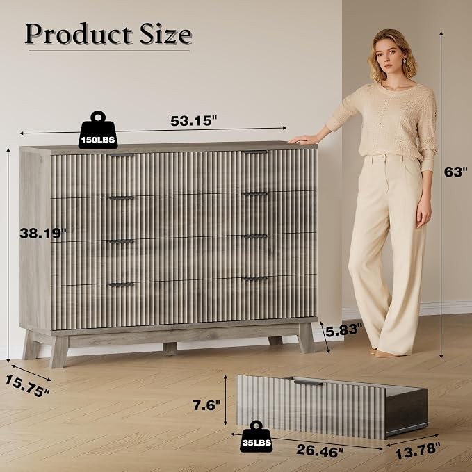 BORNOON 53" Tall Dresser for Bedroom, 8-Drawer Fluted Chest of Drawers - Image 2
