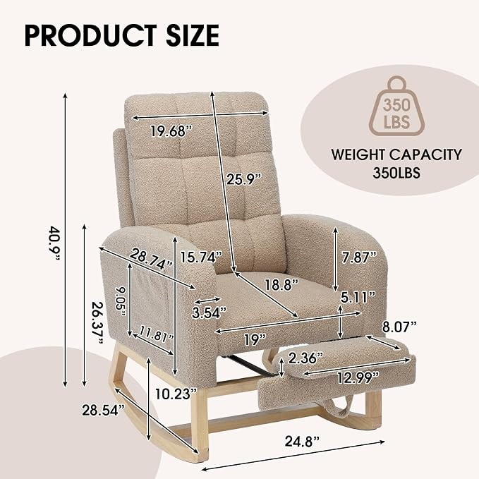 NIOIIKIT Modern Nursery Rocking Chair, Teddy Upholstered Rocking Chair - Image 2