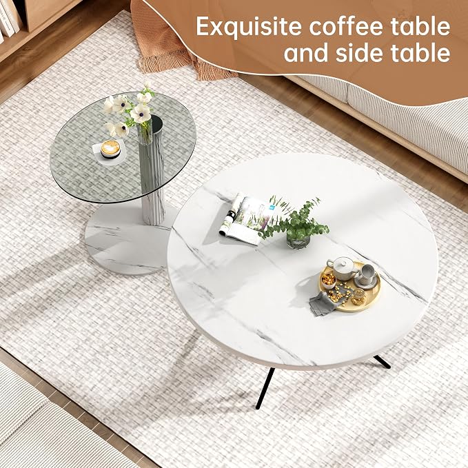 Hooseng Set of 2 Round Coffee Tables, Faux Marble Top and Modern Tempered - Image 7