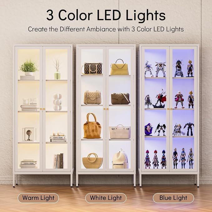 Polup Display Cabinet with 3 Color LED Lights and Tempered Glass, 66 Inch Tall - Image 4
