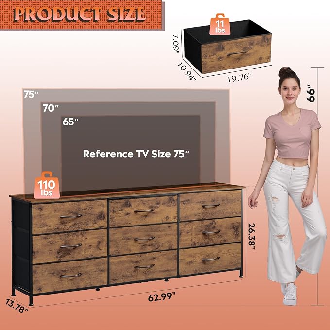 WLIVE 63''W Dresser for Bedroom, Dresser TV Stand for 65, 75 inch TV, Wide - Image 3