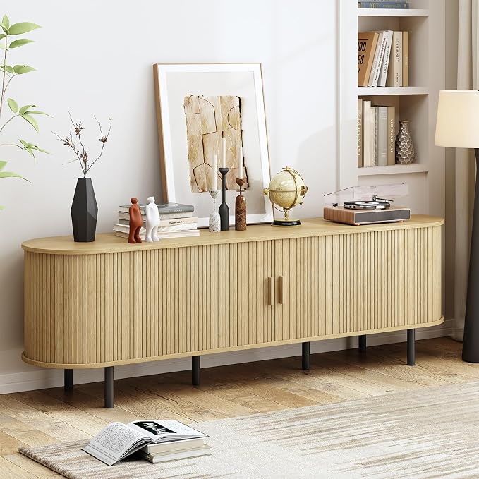 70.8" TV Stand with Power Outlet, Mid-Century Modern Television Stand, Fluted - Image 4