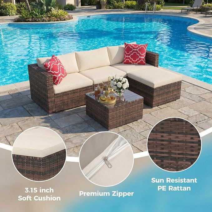 5-Piece Patio Sectional Sofa Set, All-Weather Brown PE Rattan Outdoor - Image 3