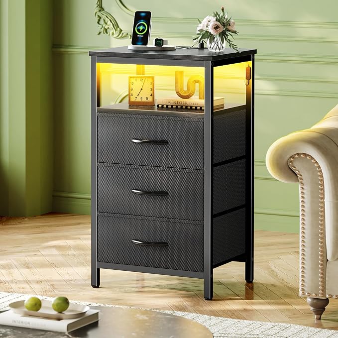 Huuger Night Stand with Charger Station and LED Lights, 3 Drawer Nightstand - Image 2