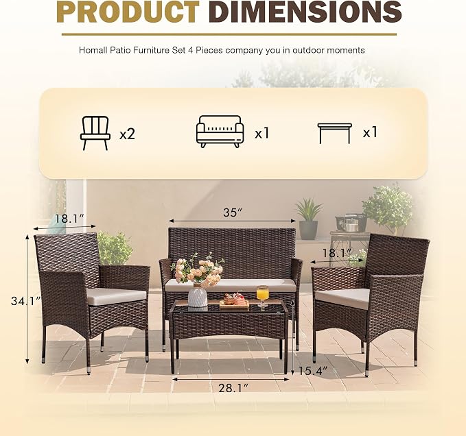 Homall 4 Pieces Outdoor Patio Furniture Sets Rattan Chair Wicker Set, Outdoor - Image 6