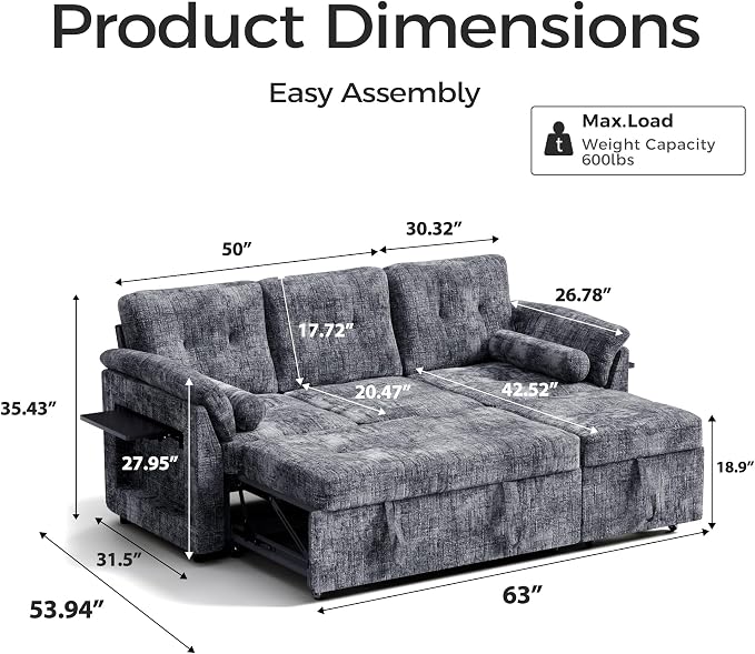 Convertible Sleeper Sofa Bed, 63 Inch Chenille Pull Out Couch - Image 2