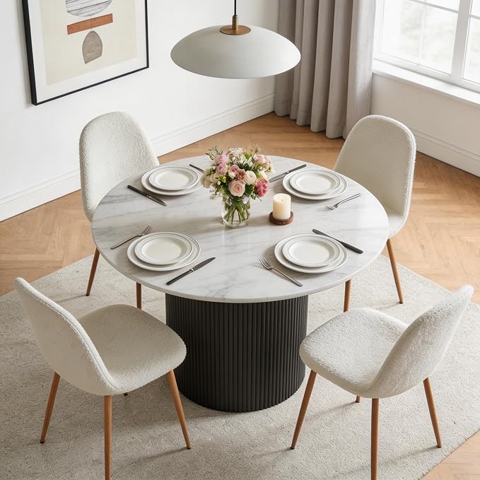 Dining Table Set for 4, Mid Century Modern 47 Inch White Marble-Look Wooden - Image 4