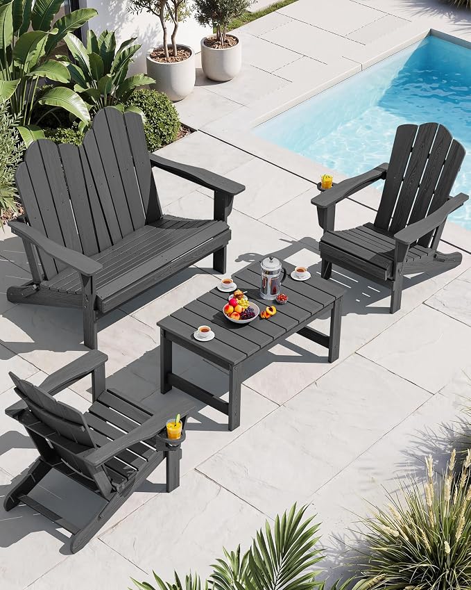 SERWALL 4 Pieces HDPE Patio Adirondack Chair Set, 2 Adirondack Chair by SERWALL