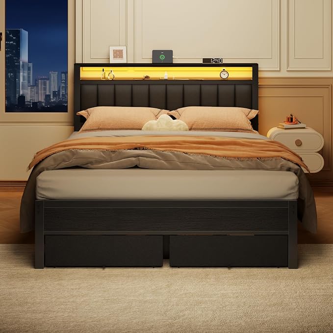 Furnulem Queen Bed Frame with Charging Station and LED Lights, Metal Platform - Image 5