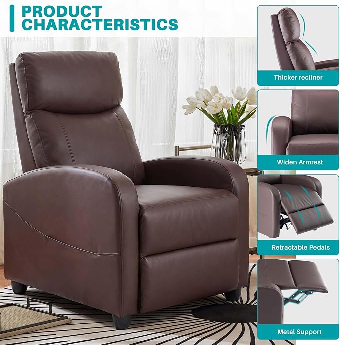 Sweetcrispy Recliner Chair PU Leather Recliner Sofa No Massage, Home Theater - Image 6