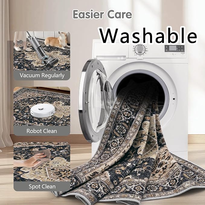 Area Rugs 6x9 Vintage Rug: Washable Living Room Rug Retro Medallion Distressed - Image 4