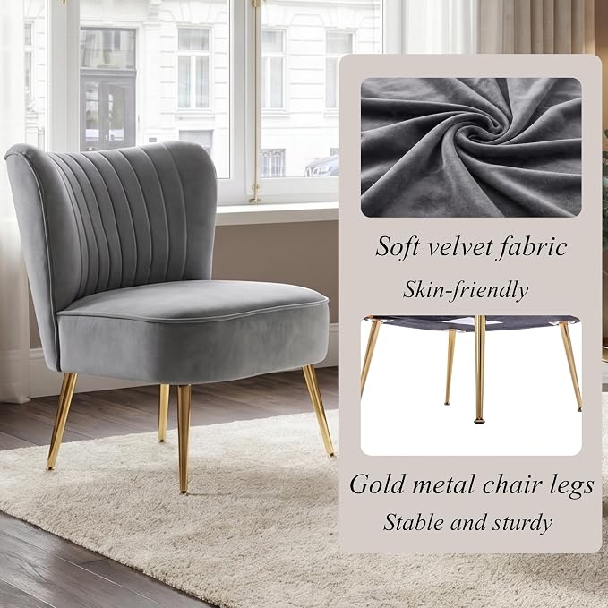 Velvet Accent Chair Set of 2 Comfy Living Room Chair Armless Slipper Chair Mid - Image 6