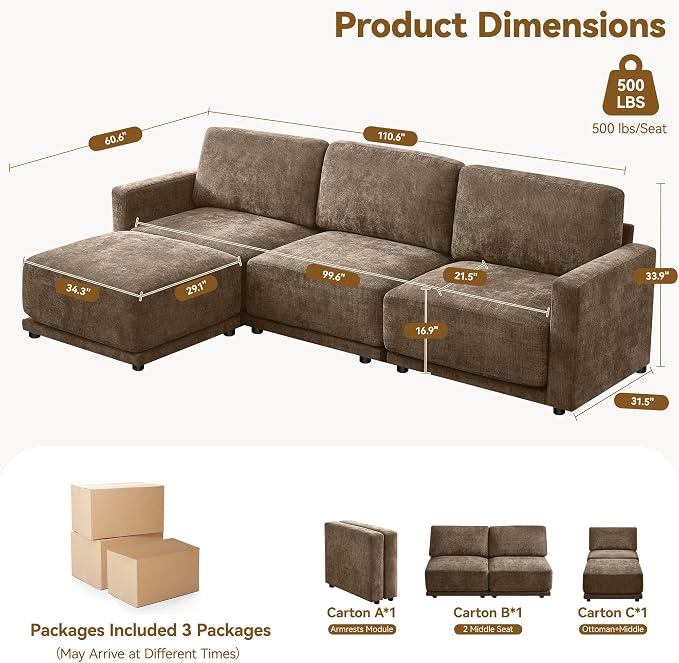 110.6" L Shaped Modular Sectional Sofa Modern Chenille Comfy Couch - Image 2