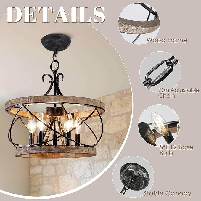 20" Farmhouse Chandelier, Rustic Drum Chandelier Light Fixture Over Table - Image 7