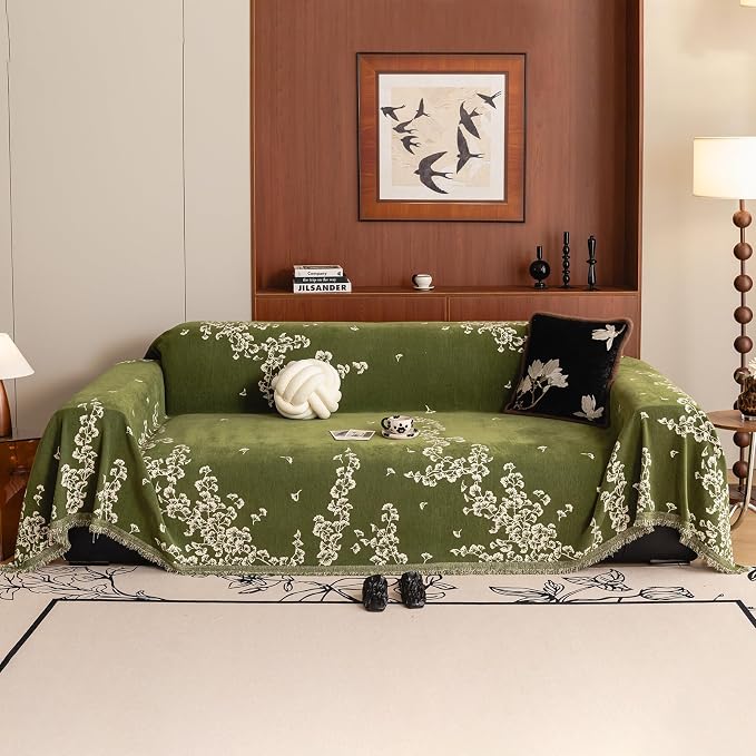 VClife Emerald Green Ginkgo Botanical Sofa Cover Non Slip Chenille Couch Cover by VCLIFE