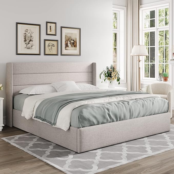 Allewie King Size Lift Up Storage Bed, Modern Wingback Headboard, Hydraulic - Image 8