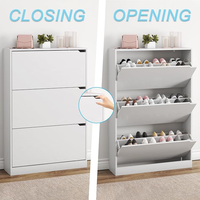 BORNOON Shoe Cabinet with 3 Flip Drawers, Hidden Wood Shoe Cabinet, - Image 5