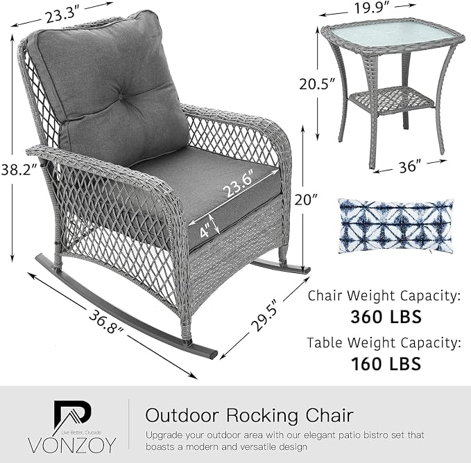 Patio Furniture Set 3 Pieces, Wicker Outdoor Rocking Bistro Set - Image 7