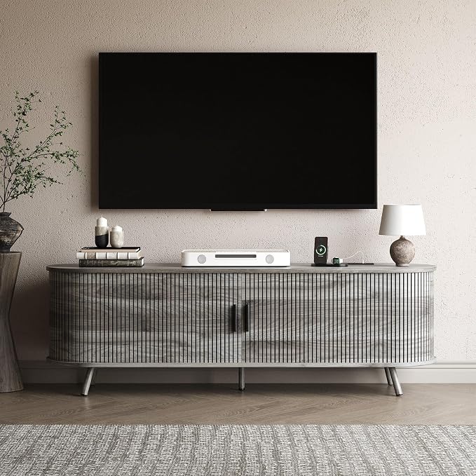 63 inch TV Stand with Power Outlet, Fluted Entertainment Center by Unknown