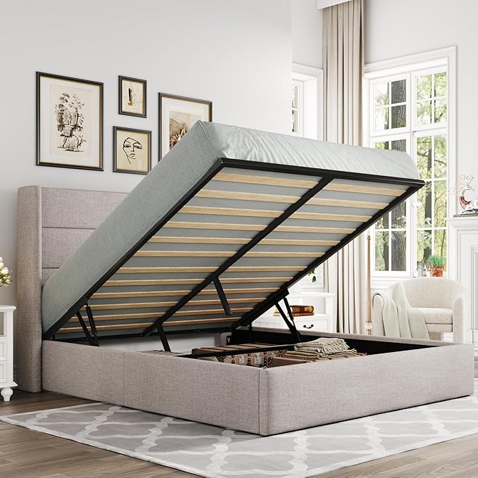 Allewie Queen Size Lift Up Storage Bed, Modern Wingback Headboard, Hydraulic by Allewie