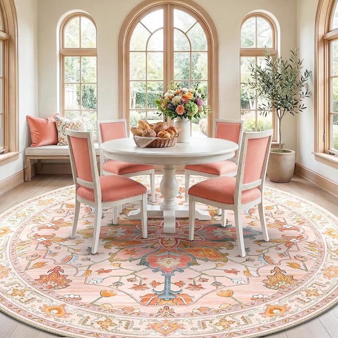 RELEANY Area Rugs Round 10ft Washable Non-Slip, Floral Vintage Distress Print - Image 3
