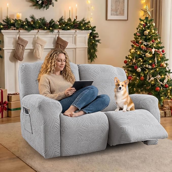Recliner Loveseat Covers, 4-Piece Stretch Geometric Strokes Jacquard Reclining - Image 5
