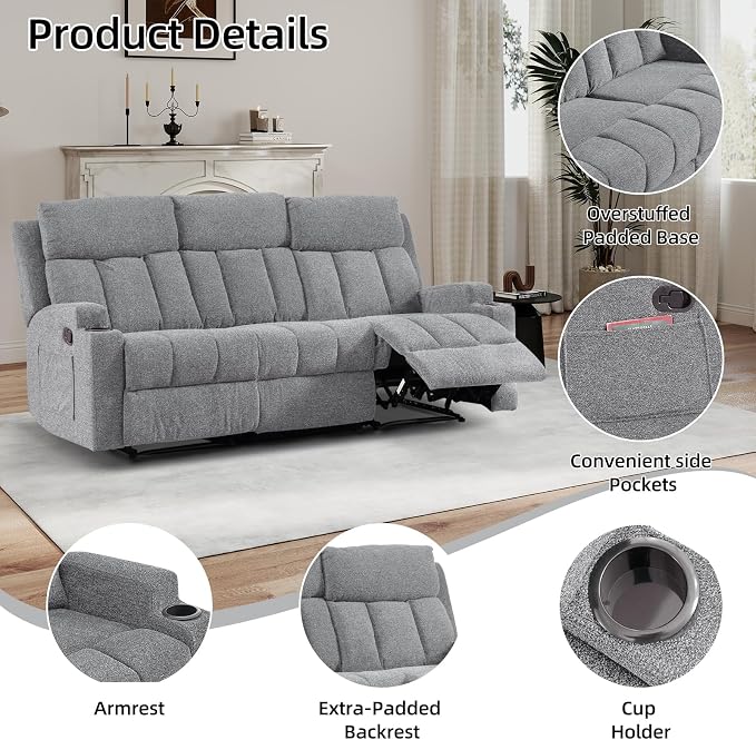 CANMOV Manual Recliner Sofa Set, Fabric Reclining Sofa Chair - Image 4