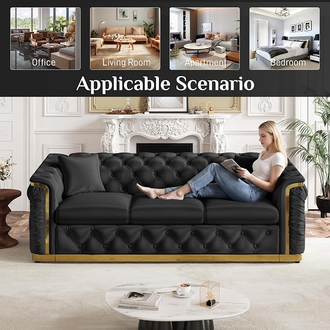 Luxury Chesterfield Sofa Set of 2, Velvet Tufted Couch Victorian Black and Gold - Image 7