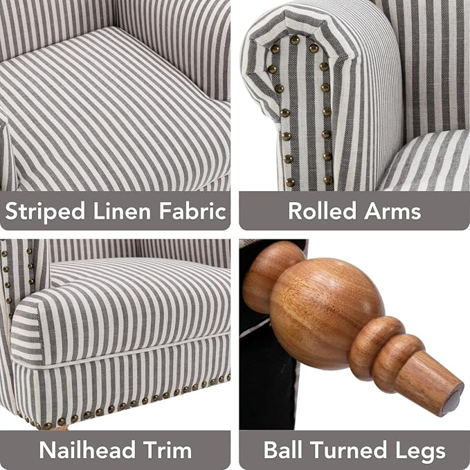 Black Striped Linen Fabric Accent Chairs Set of 2, Modern Farmhouse Upholstered - Image 4