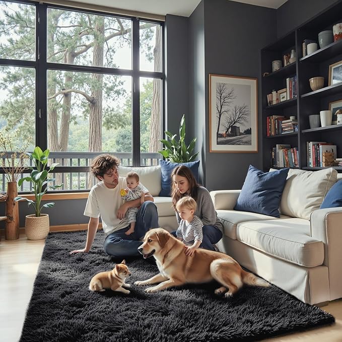 Black Rug for Bedroom, Small Area Rugs 3x5, Non-Shedding Indoor Shaggy Rug for by Junhejiamei