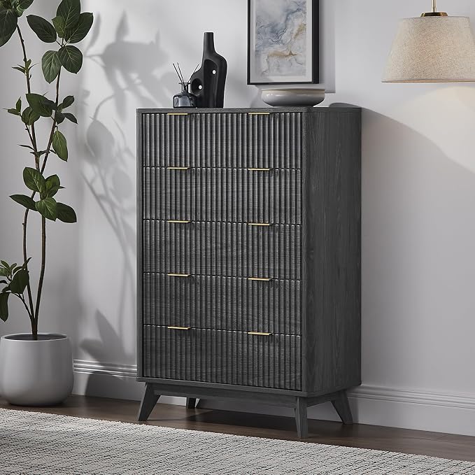 T4TREAM Fluted 5 Drawers Dresser, Curved Profile Design, Wood Drawer Organizer - Image 3