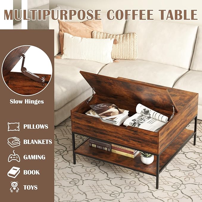 Farmhouse Coffee Table with Hidden Storage 32 in, Square Wood Living Room - Image 5