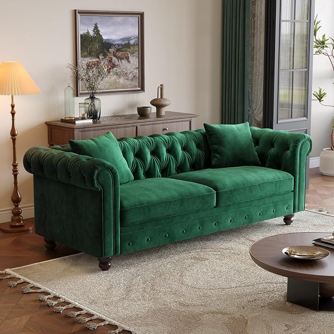 ONBRILL 82 Inch Chesterfield Sofa, 23 Inch Deep Seat Velvet Couch - Image 8